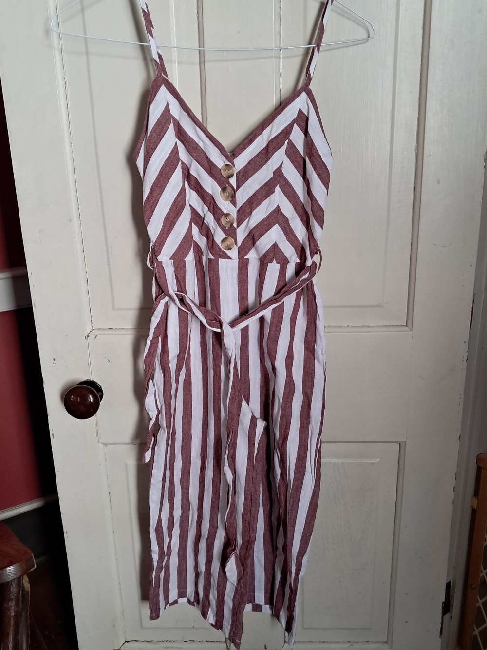 Derek Heart White and Burgundy Striped Sleeveless One-Piece